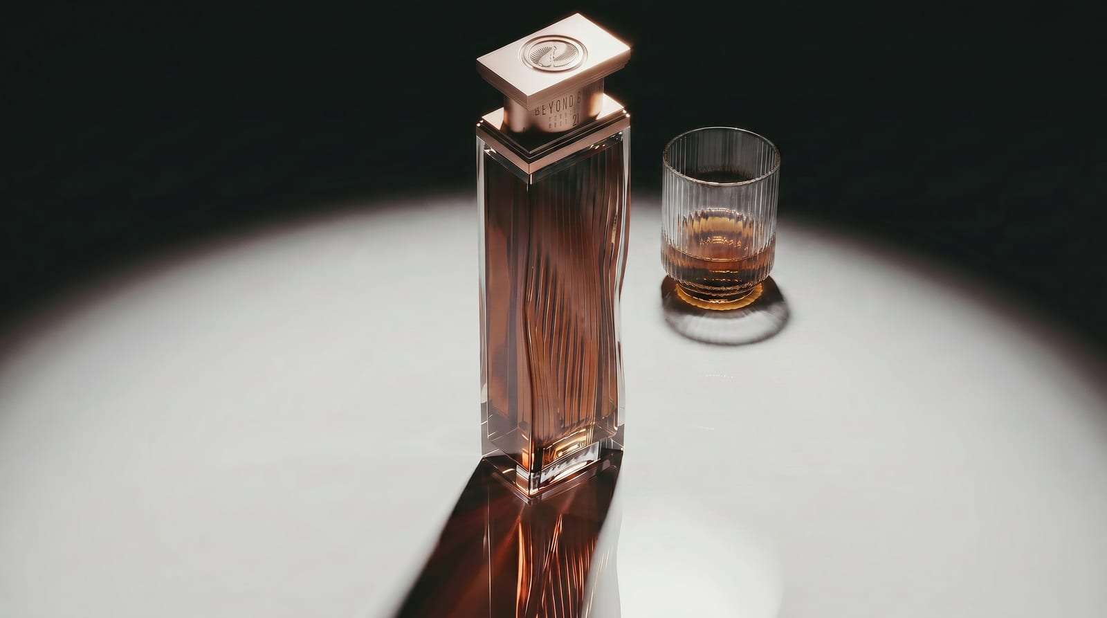 A Beyond Barrel bottle and tasting glass under a single spotlight