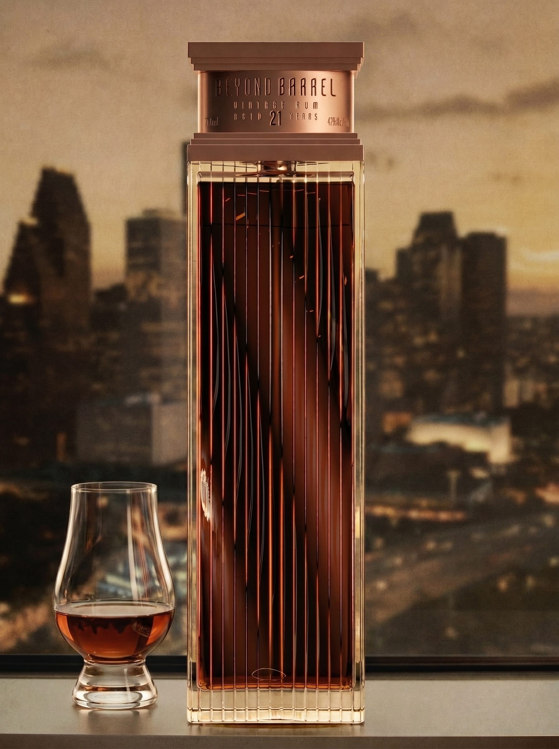 Beyond Barrel bottle on a ledge against a dusk city skyline